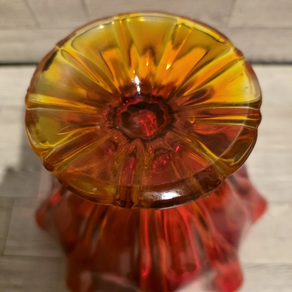 Vintage Art Glass Ruffled Pedestal Bowl - Red and Amber